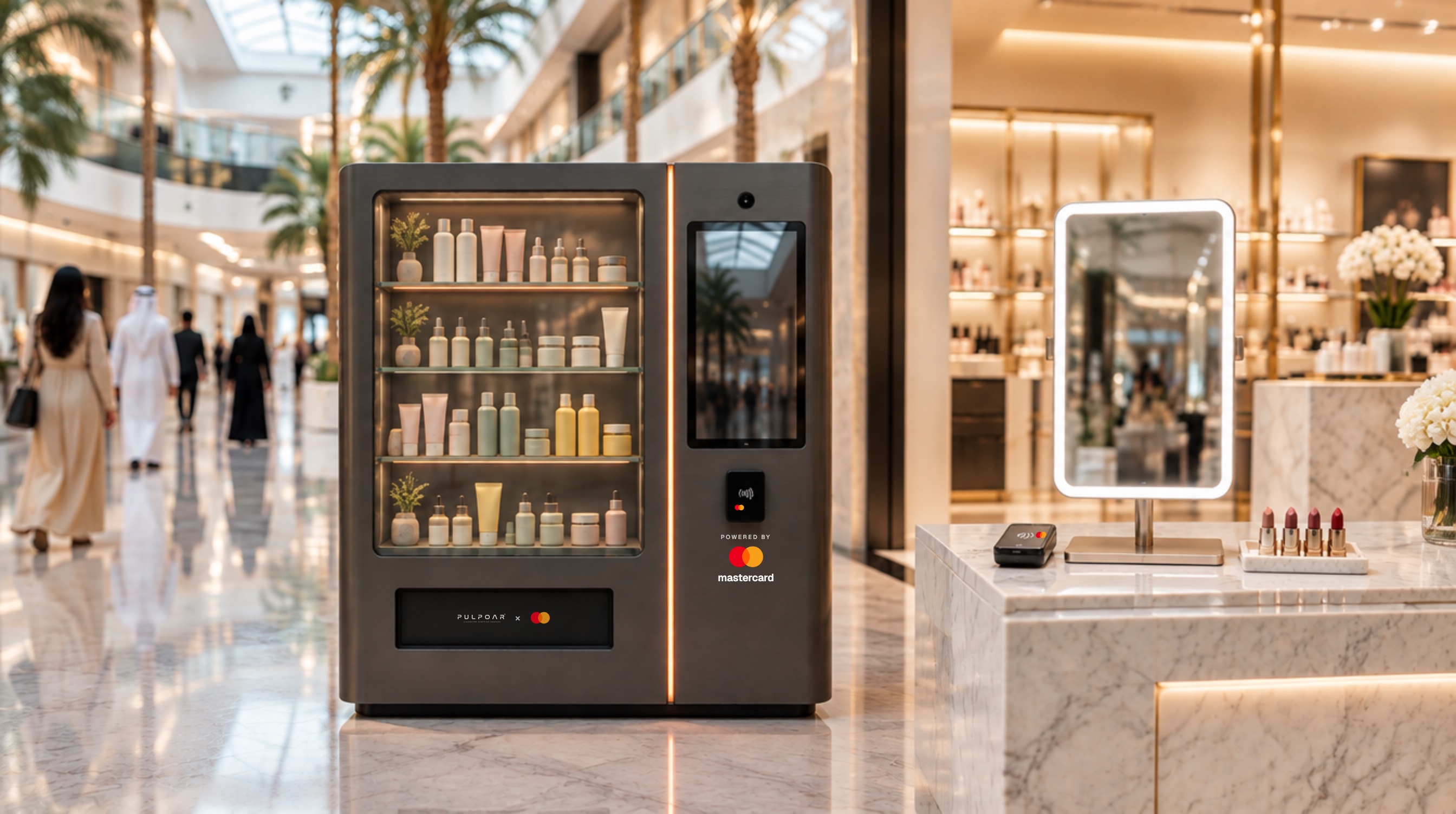 Concept render: an AI beauty vending machine on a mall walkway and a magic mirror on a beauty store counter, both with Mastercard contactless readers