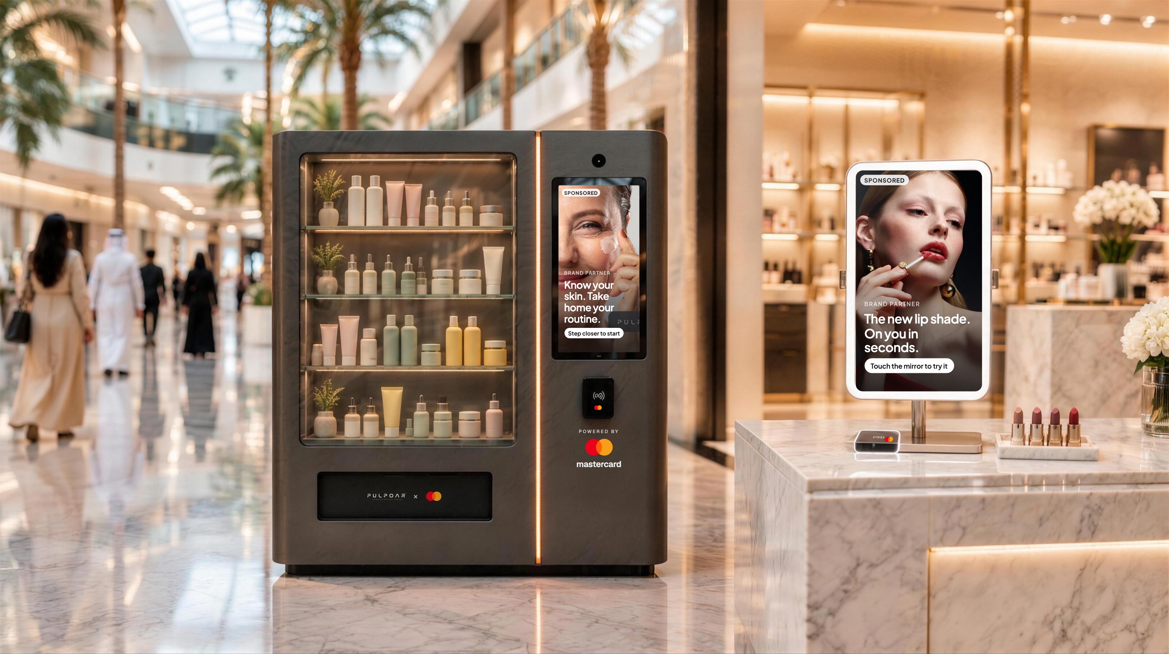 Concept render: an AI beauty vending machine on a mall walkway and a magic mirror on a beauty store counter, both with Mastercard contactless readers