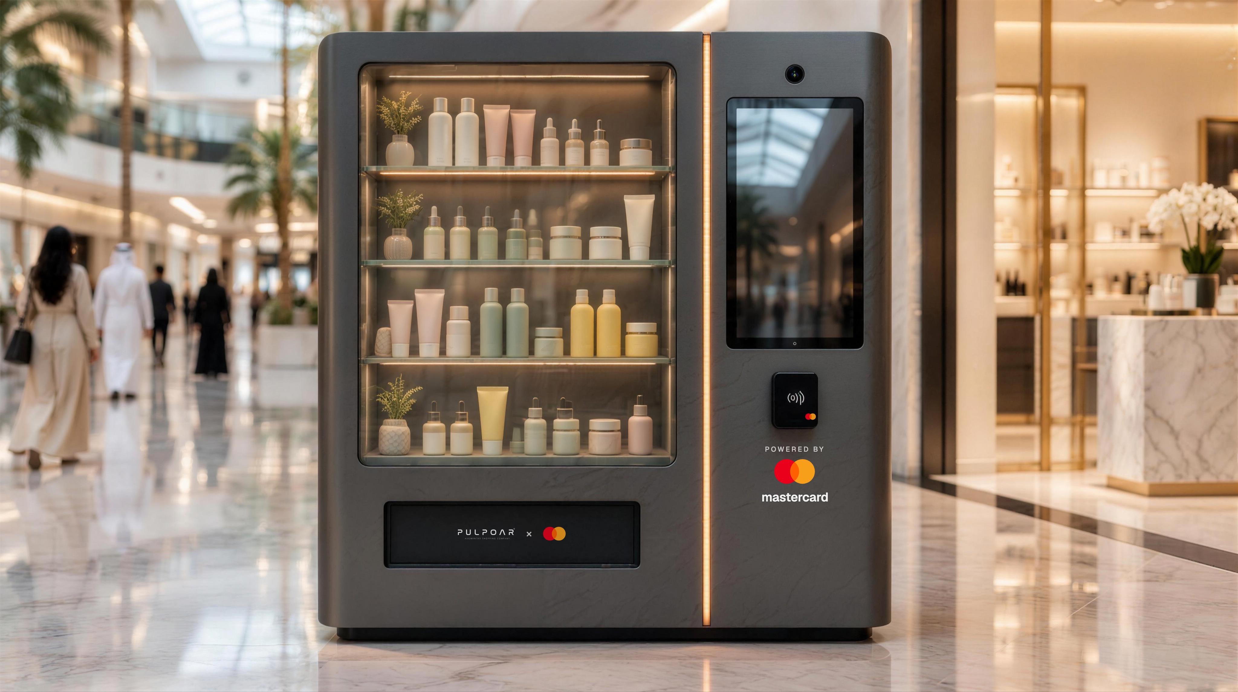 Concept render of the beauty machine on a Dubai mall walkway, with Powered by Mastercard under the tap reader