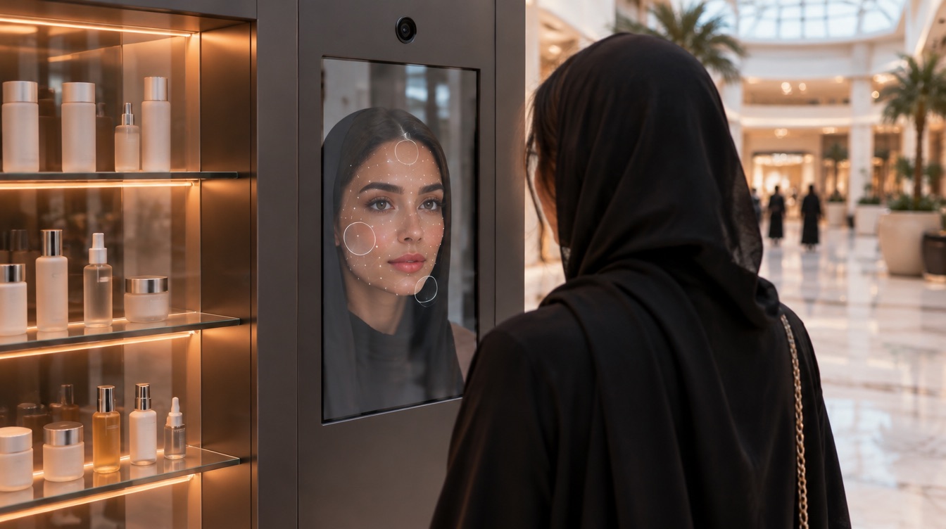 Concept image of a shopper using the mirror screen for a skin read